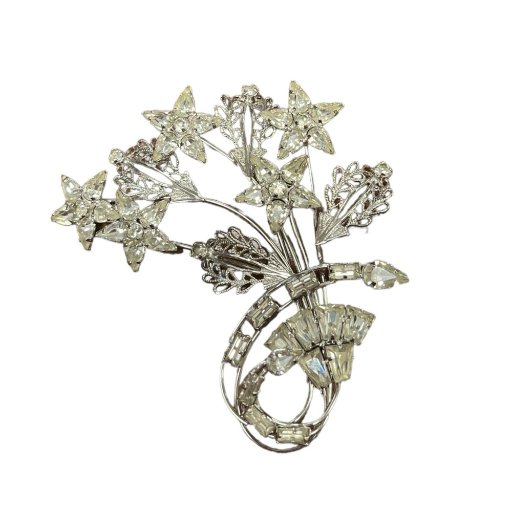 Vintage Star Art Sterling Silver Clear Rhinestone Floral Brooch